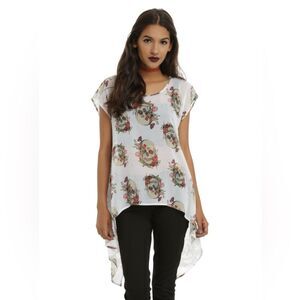 Hot Topic Floral Skull Split Back Girls Dolman Top Size XS EUC edgy sheer